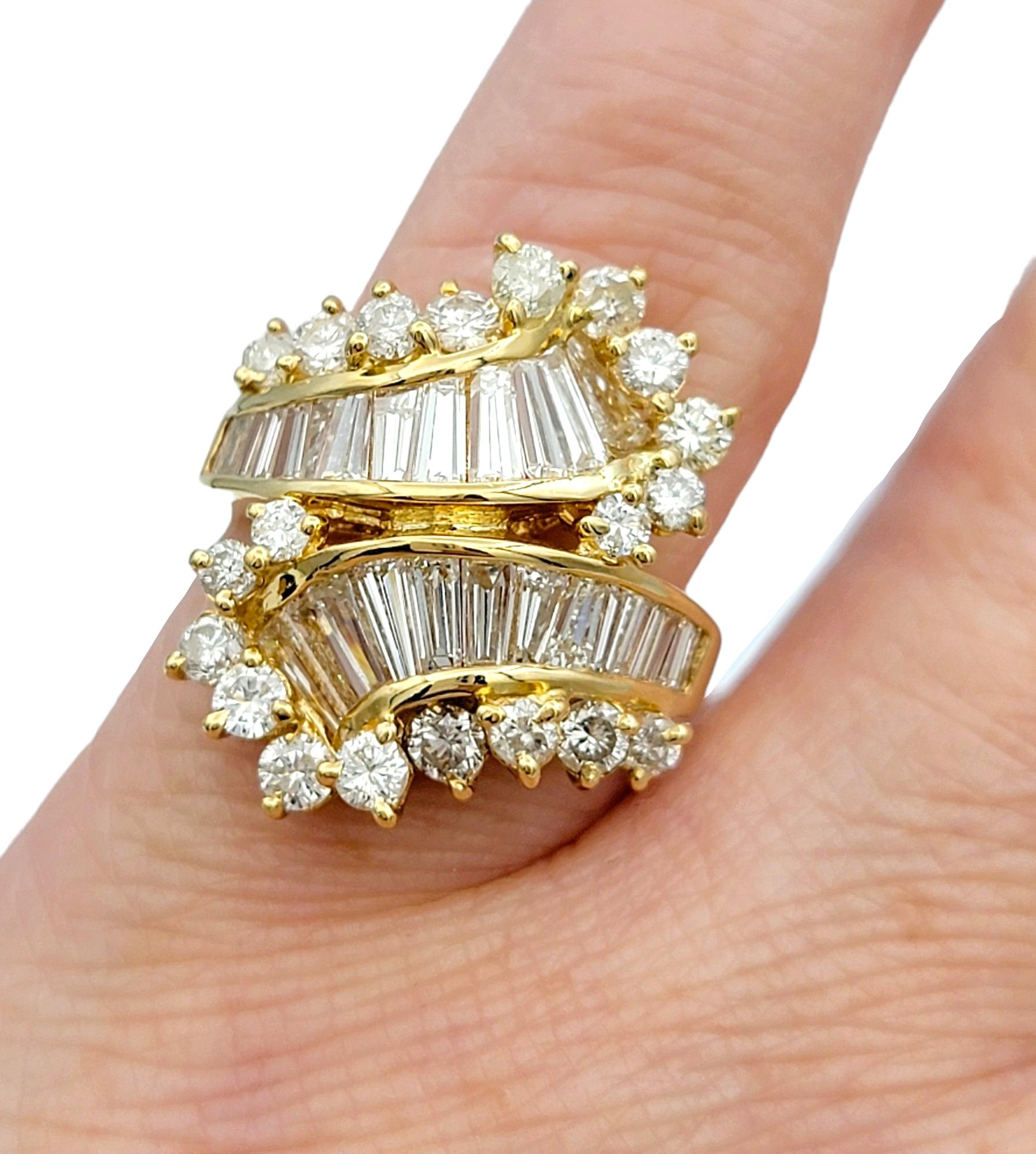 Round and Baguette Diamond Bypass Style Cocktail Ring in 14 Karat Yellow Gold For Sale 3