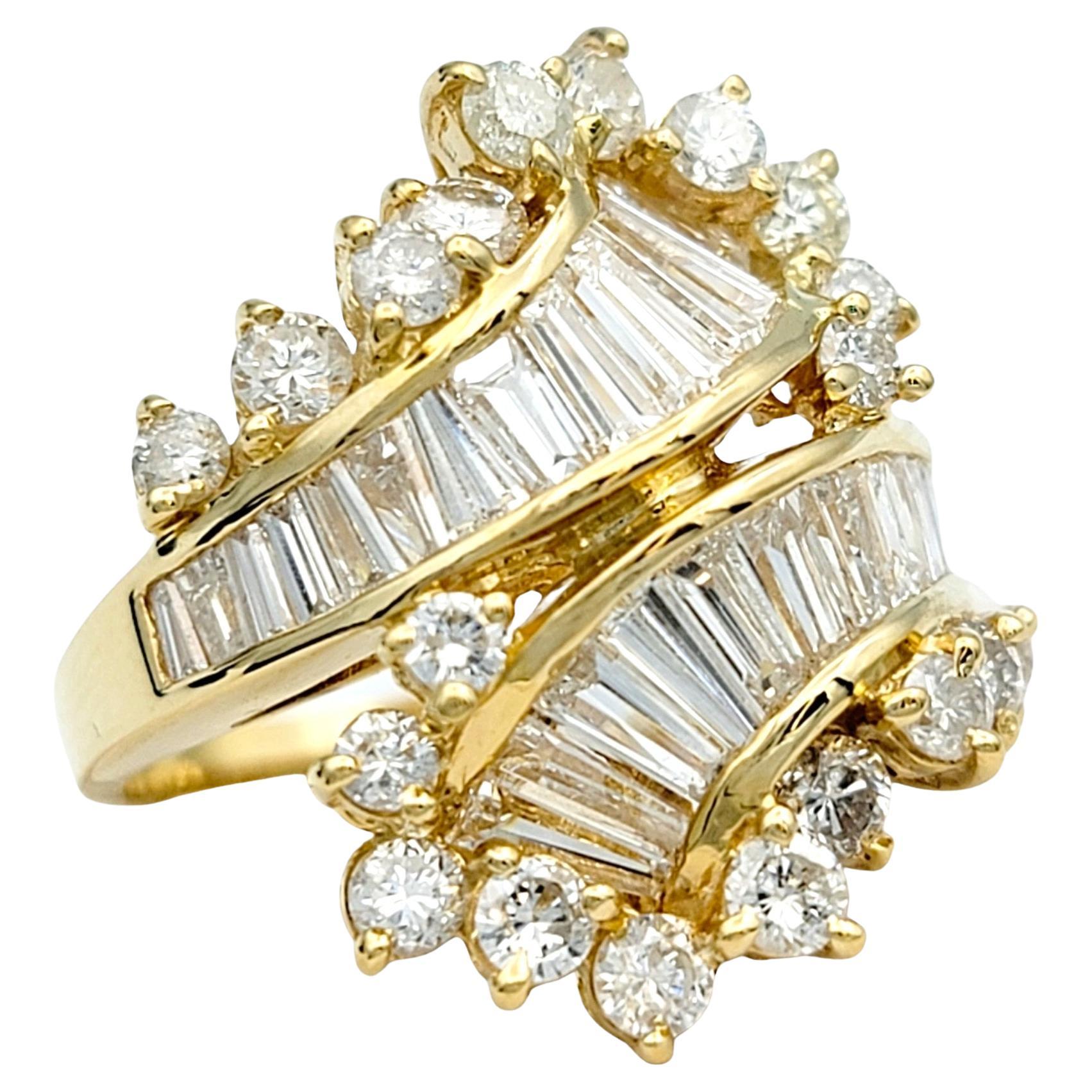 Round and Baguette Diamond Bypass Style Cocktail Ring in 14 Karat Yellow Gold For Sale