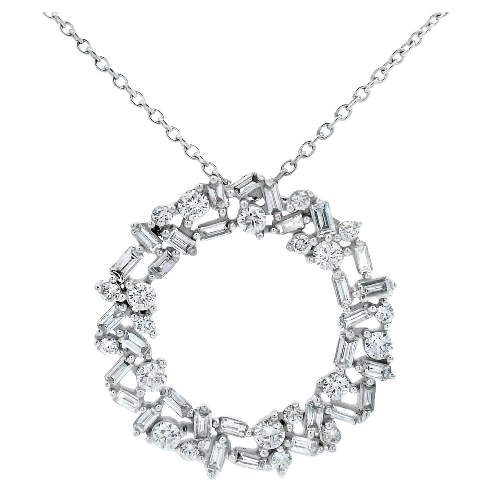 Runde und Baguette-Diamant Kreis Anhänger Halskette in 14K Weißgold 0,75ct