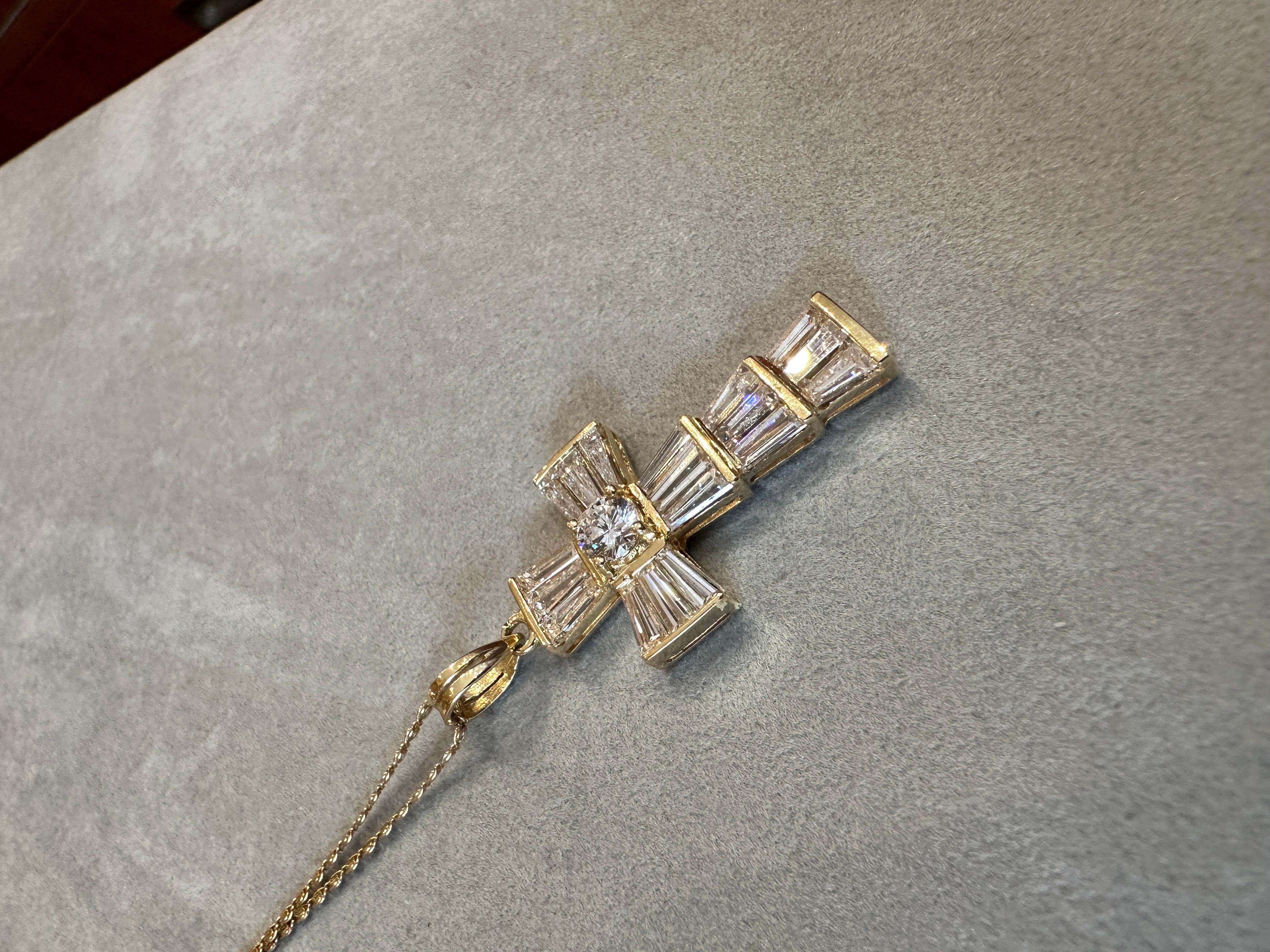 Women's or Men's Round and Baguette Diamond Cross Pendant 3.50 Carat Total Weight in Yellow Gold