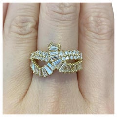 Round and Baguette Diamond Crossover Band Ring in 18K Yellow Gold