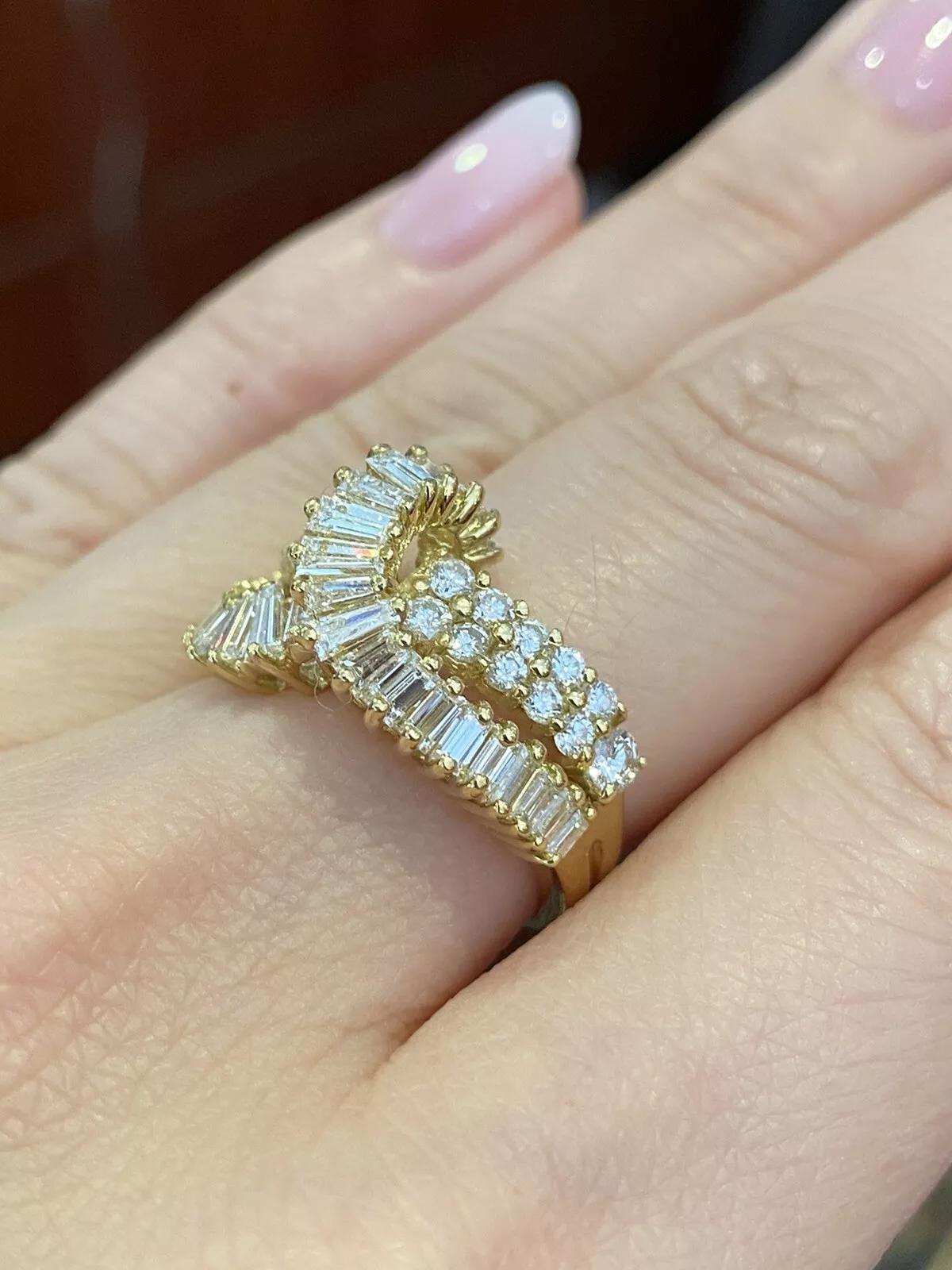 Baguette Cut Round and Baguette Diamond Crossover Band Ring in 18K Yellow Gold For Sale