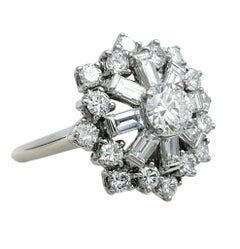 Round and Baguette Diamond Domed Cluster Cocktail Ring in Platinum