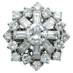 Round and Baguette Diamond Domed Cluster Cocktail Ring in Platinum