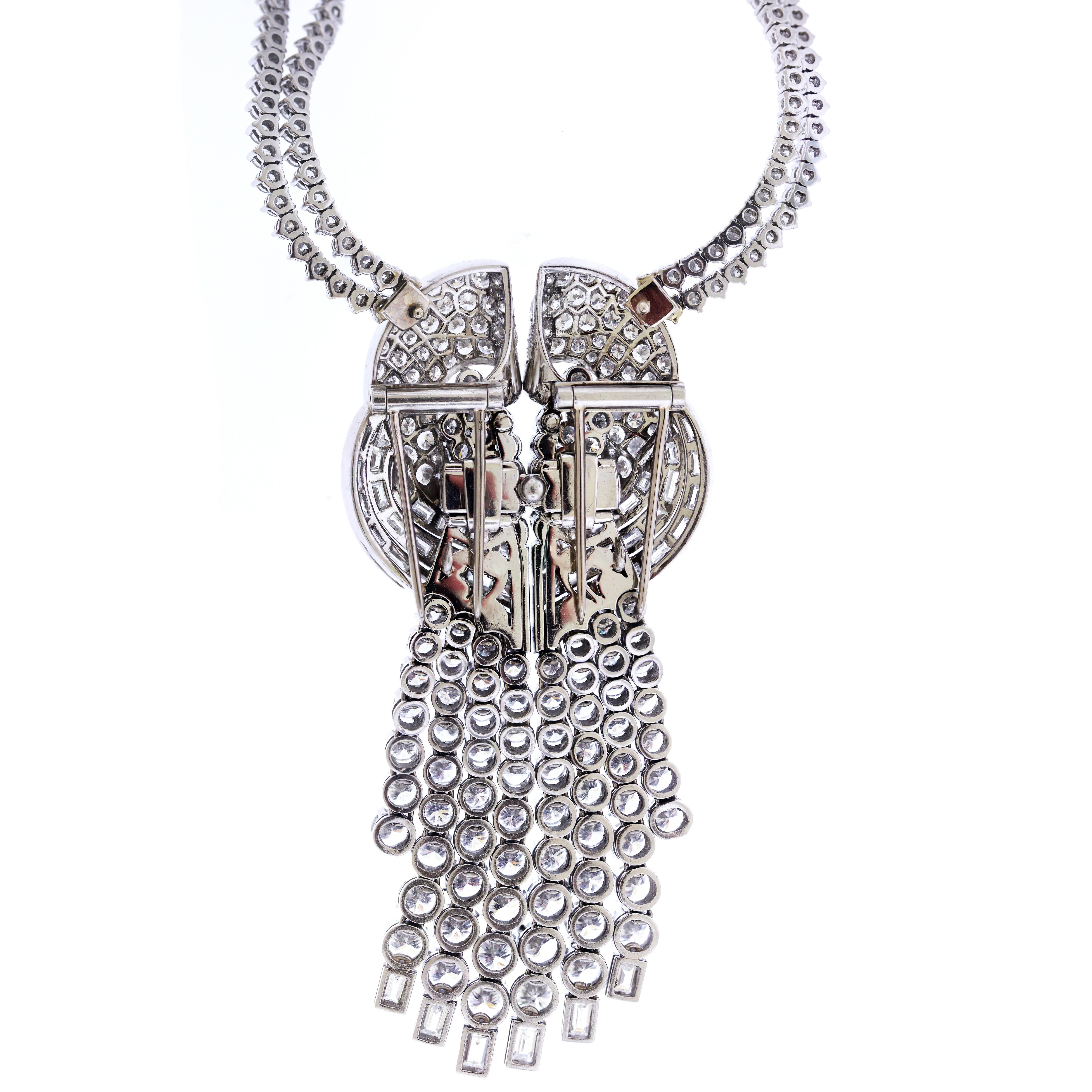 Platinum Large Dangling Baguette Round Diamond Pendant Double Tennis Necklace In Excellent Condition For Sale In Boca Raton, FL