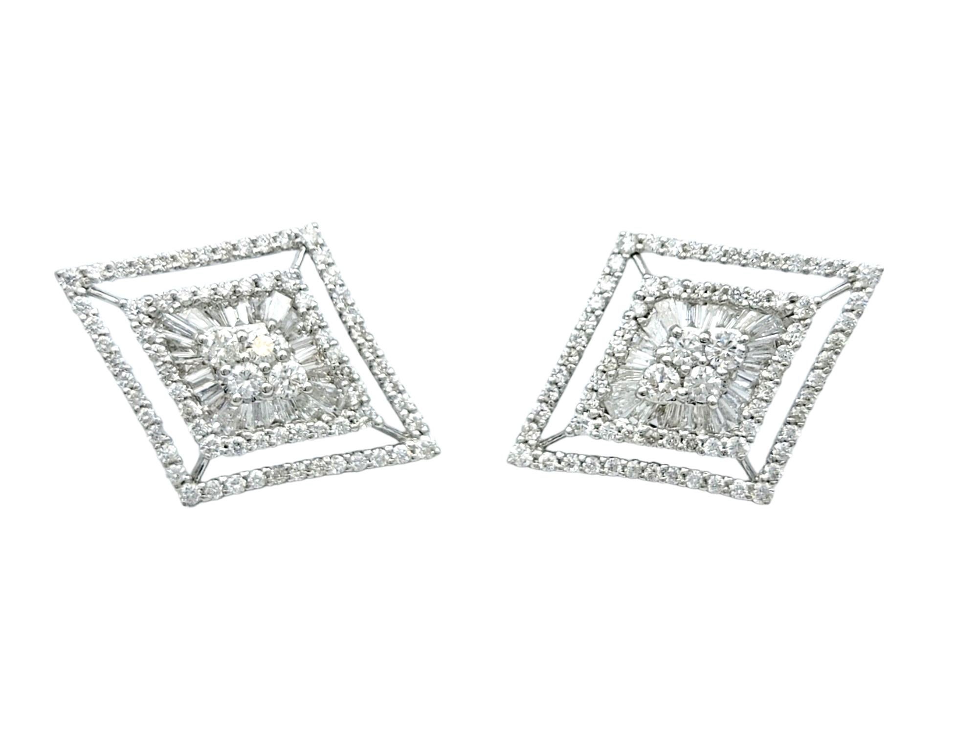 Contemporary Round and Baguette Diamond Geometric Stud Earrings Set in 18 Karat White Gold For Sale