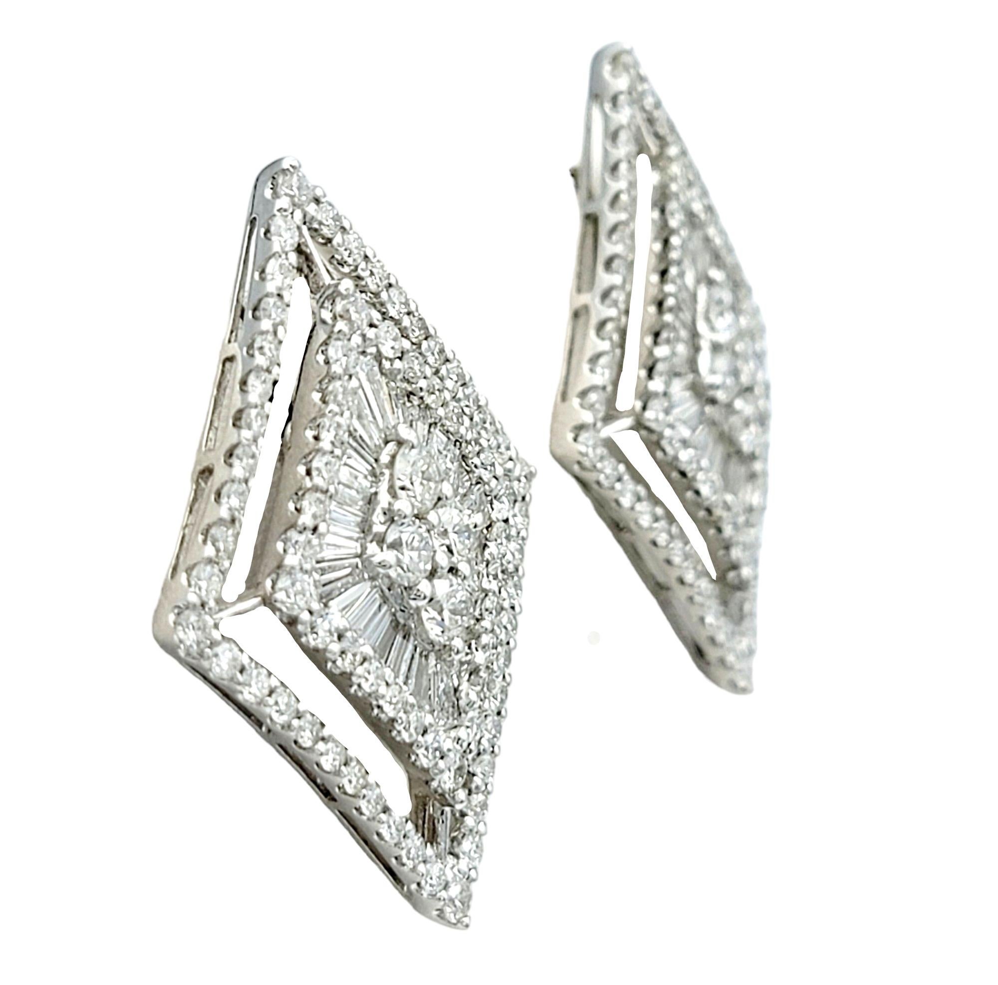 Round Cut Round and Baguette Diamond Geometric Stud Earrings Set in 18 Karat White Gold For Sale