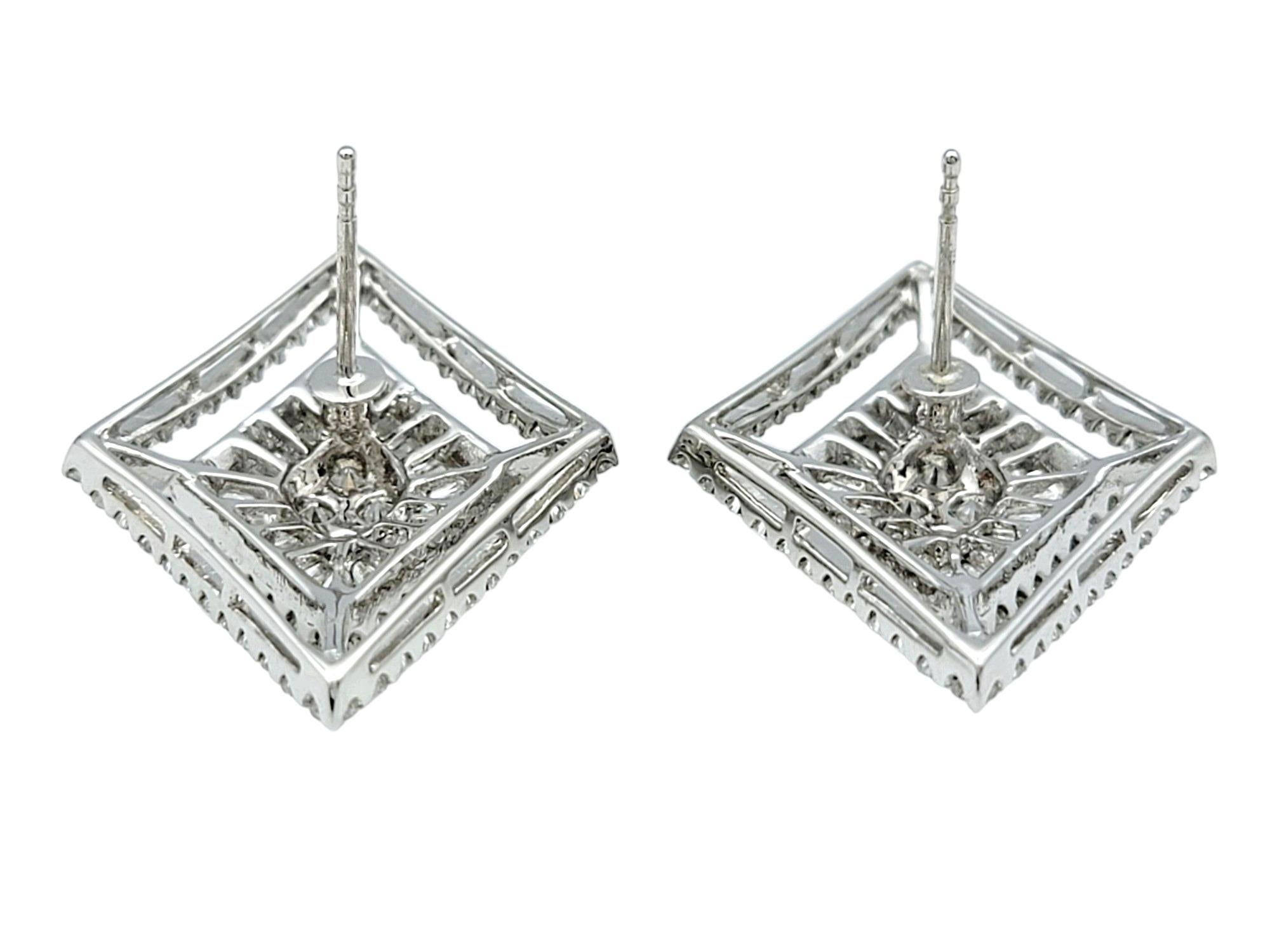 Round and Baguette Diamond Geometric Stud Earrings Set in 18 Karat White Gold In Good Condition For Sale In Scottsdale, AZ