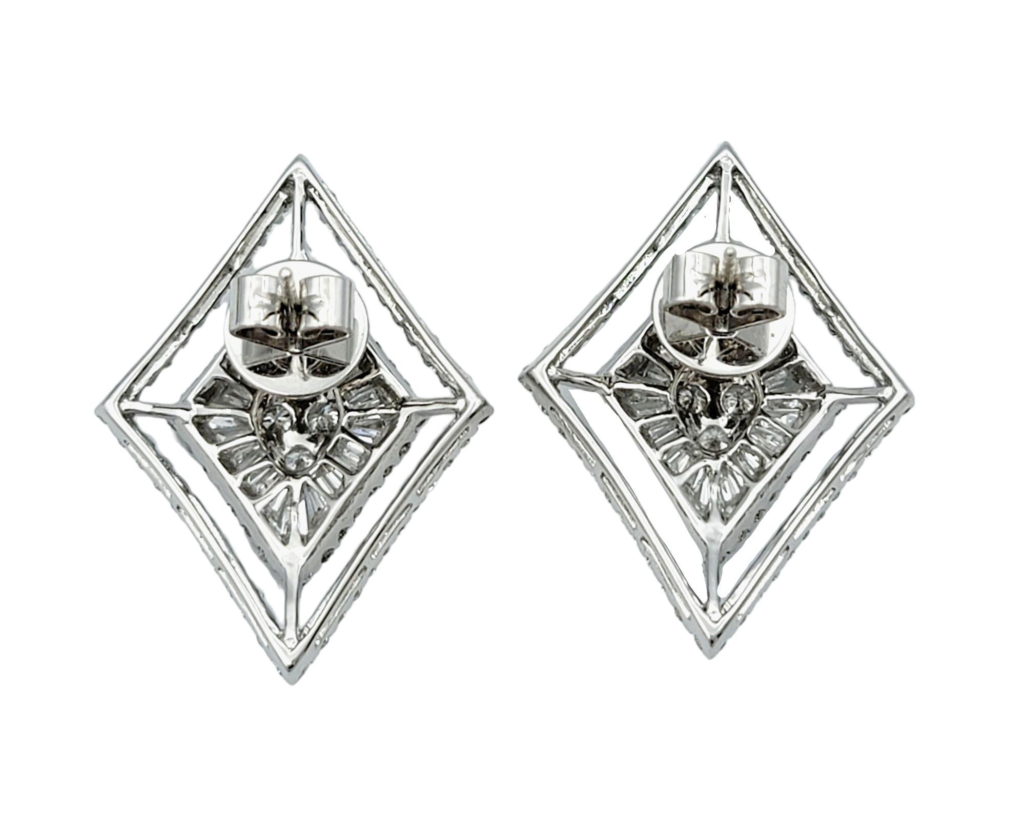 Women's Round and Baguette Diamond Geometric Stud Earrings Set in 18 Karat White Gold For Sale