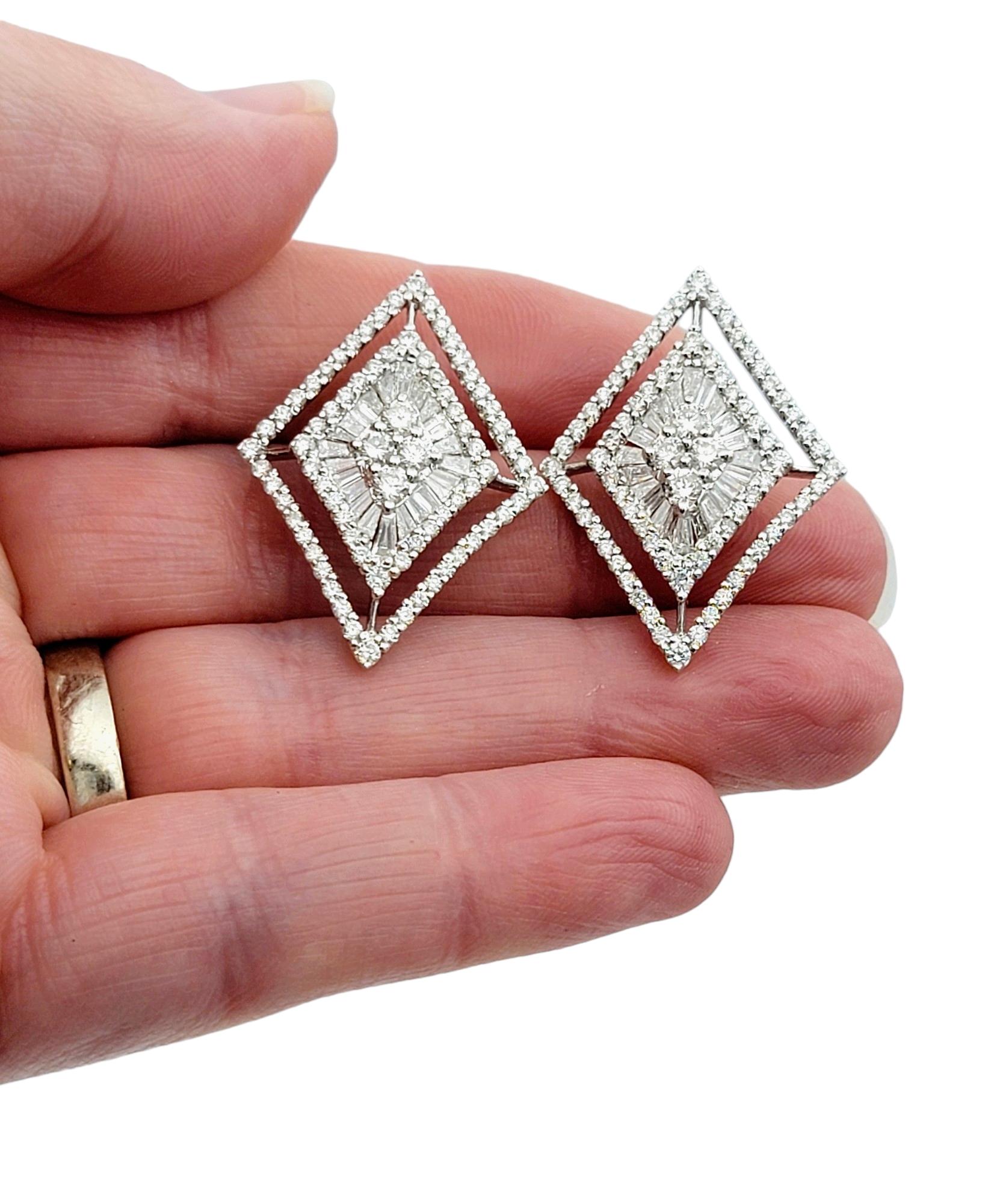 Round and Baguette Diamond Geometric Stud Earrings Set in 18 Karat White Gold For Sale 3