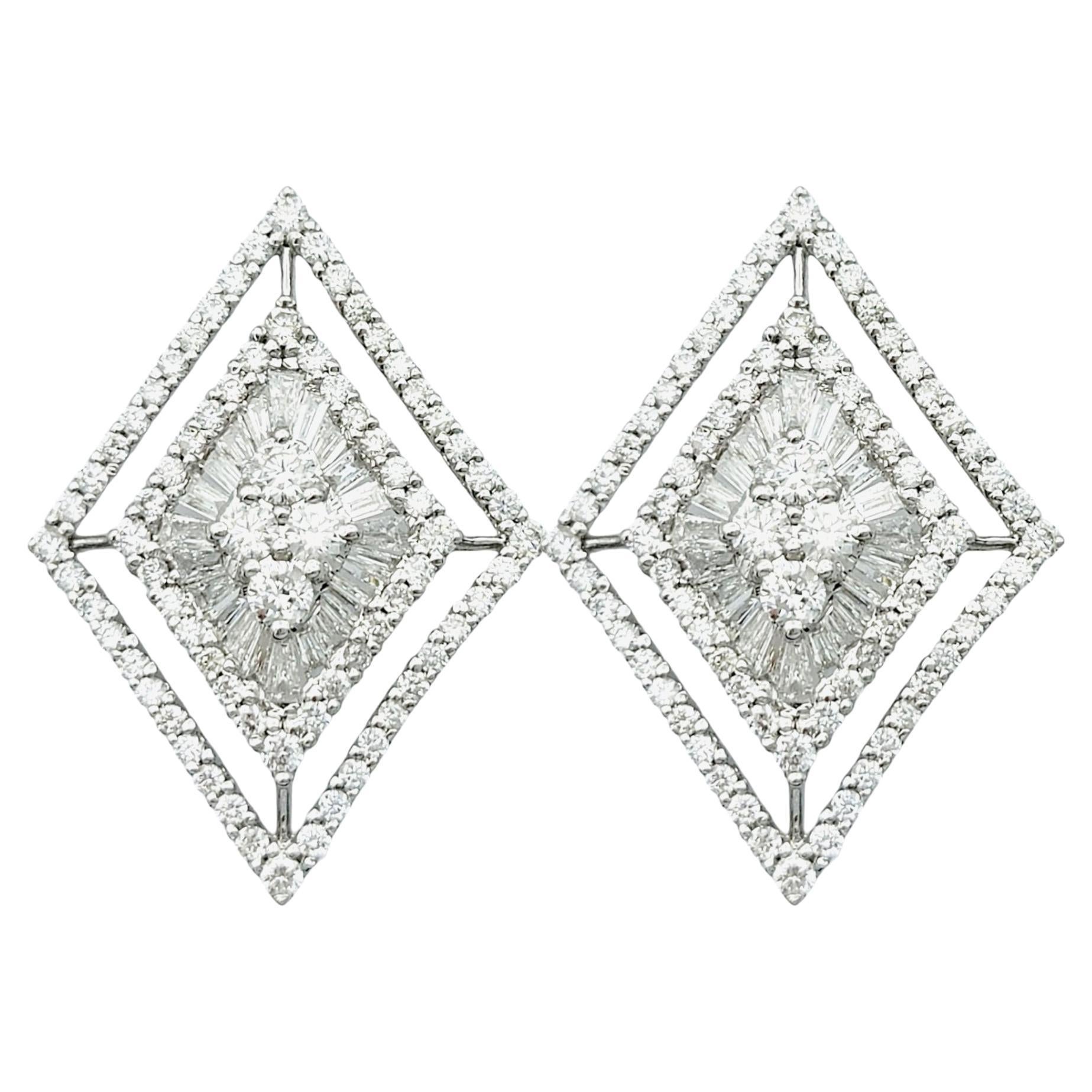 Round and Baguette Diamond Geometric Stud Earrings Set in 18 Karat White Gold For Sale