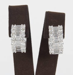 Round and Baguette Diamond Gold Huggie Hoop Earrings