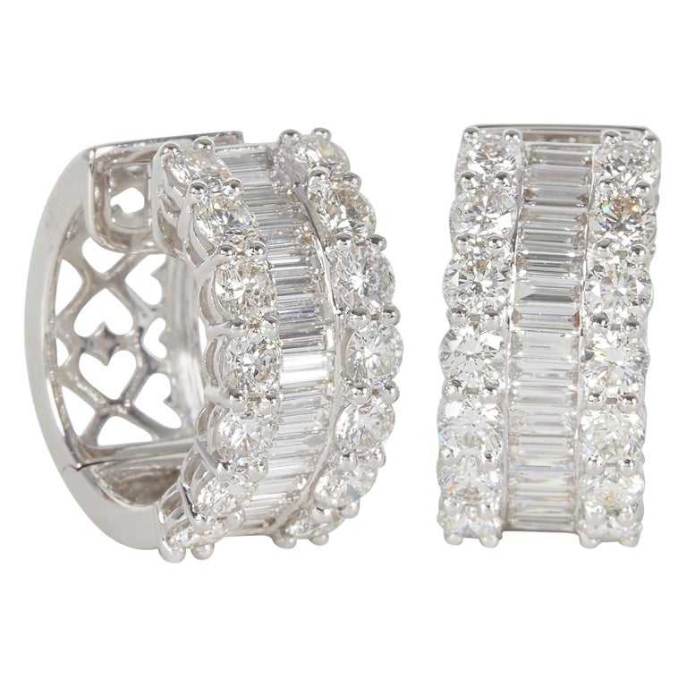 Round and Baguette Diamond Gold Huggie Hoop Earrings For Sale at 1stDibs gold baguette diamond