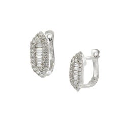 Round and Baguette Diamond Huggie Earrings in 18KT White Gold