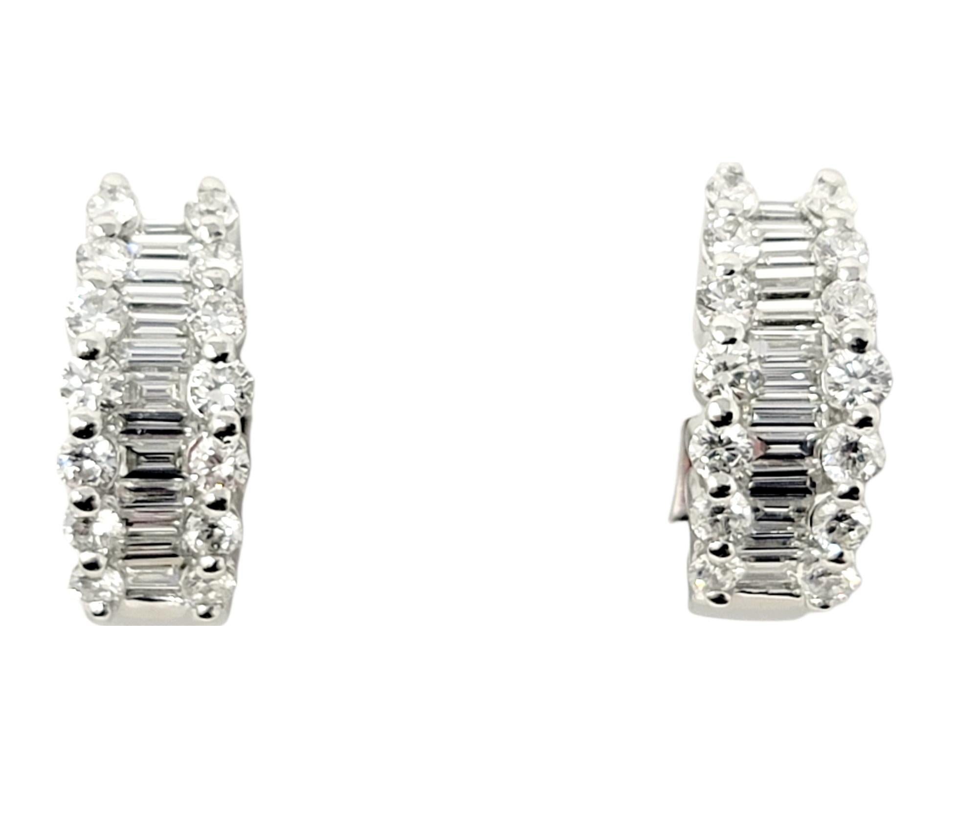 Contemporary Round and Baguette Diamond Huggie Half-Hoop Pierced Earrings in 14 Karat Gold For Sale