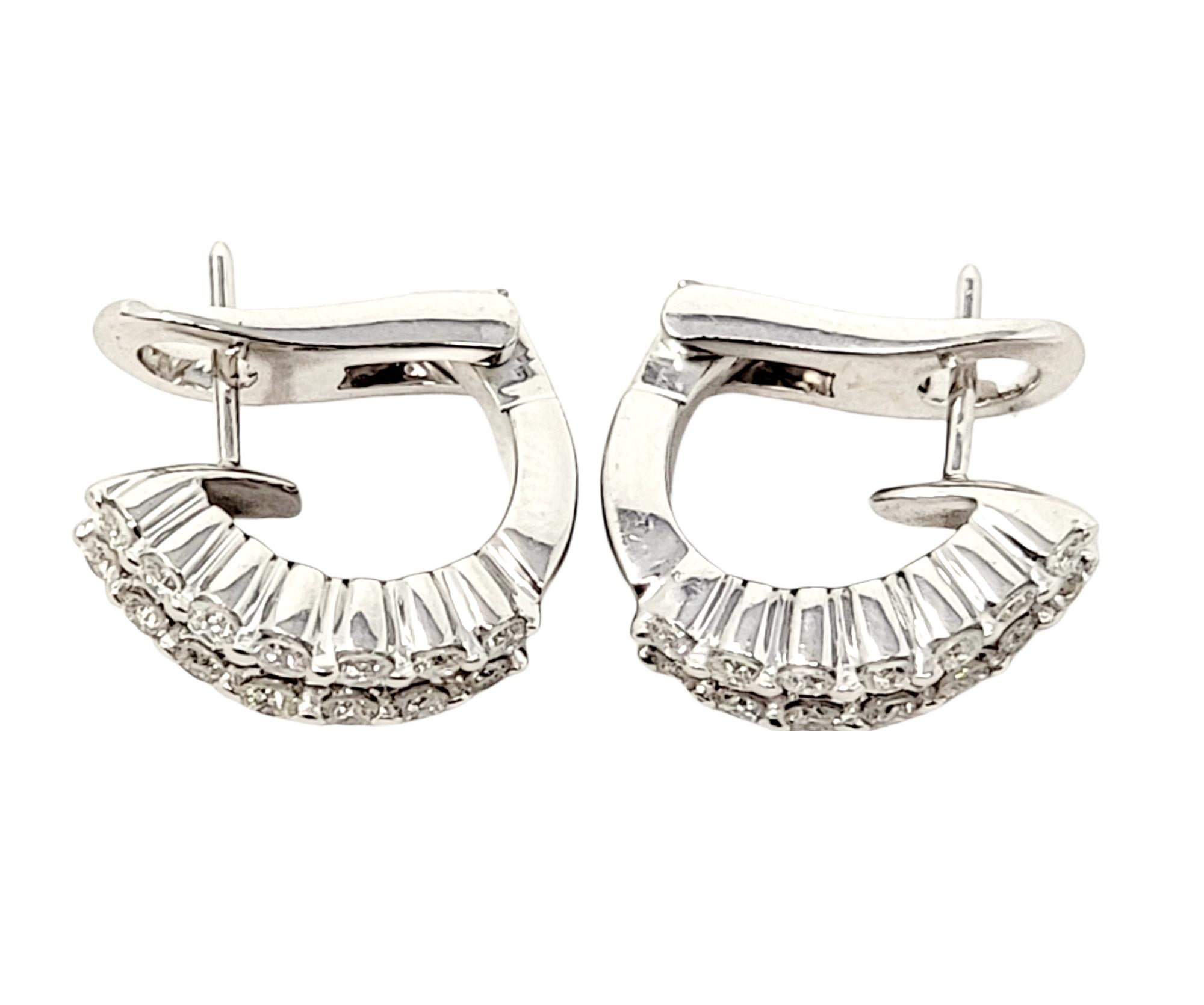 Women's Round and Baguette Diamond Huggie Half-Hoop Pierced Earrings in 14 Karat Gold For Sale