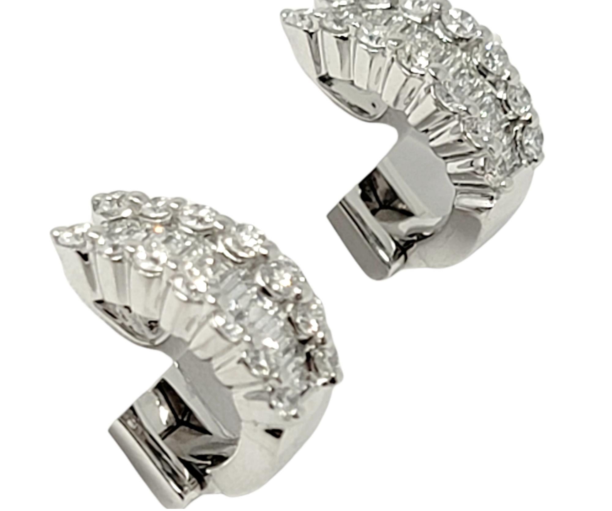 Round and Baguette Diamond Huggie Half-Hoop Pierced Earrings in 14 Karat Gold For Sale 1