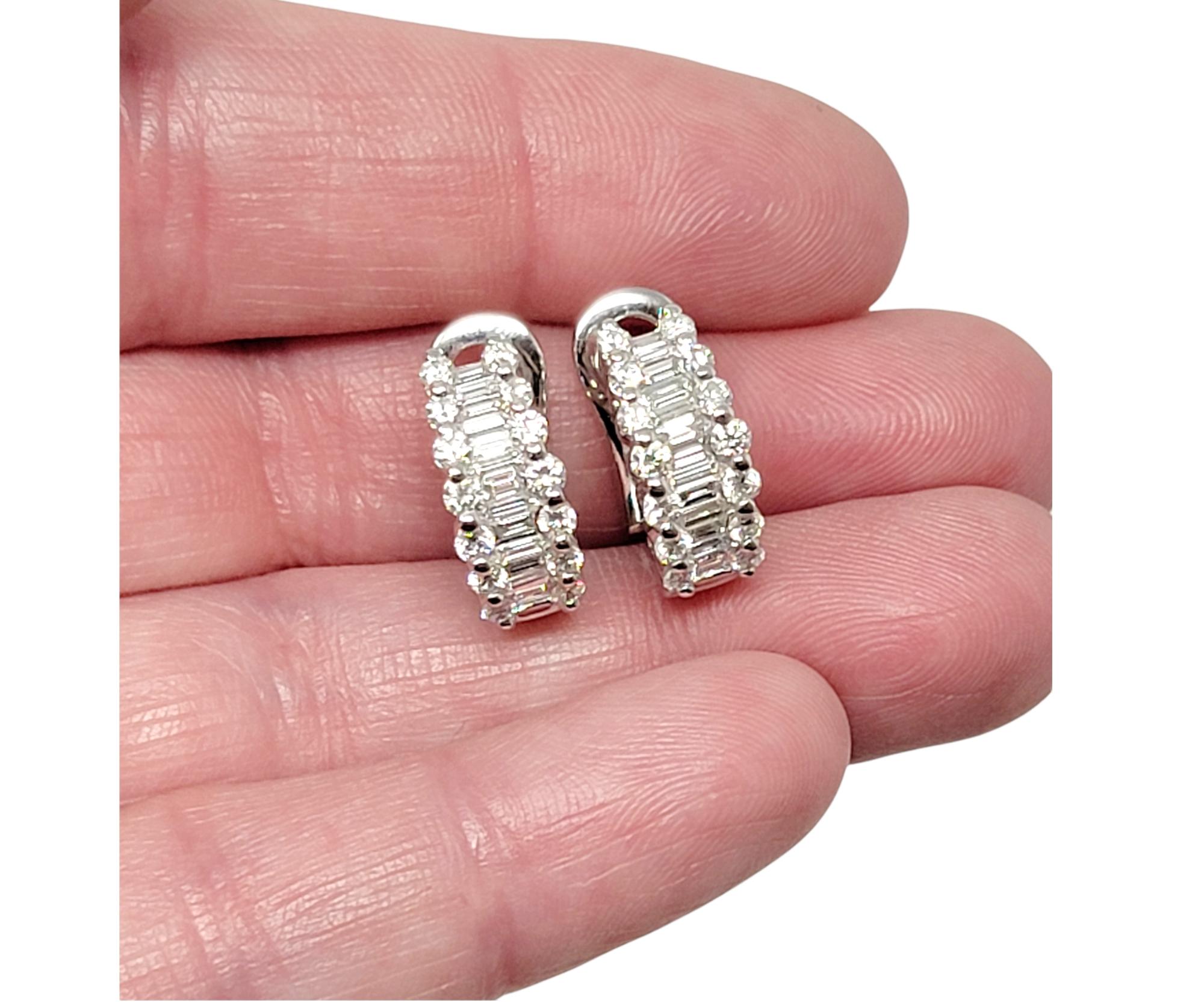 Round and Baguette Diamond Huggie Half-Hoop Pierced Earrings in 14 Karat Gold For Sale 2