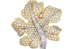 Round and Baguette Diamond Leaf Brooch