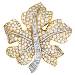 Round and Baguette Diamond Leaf Brooch