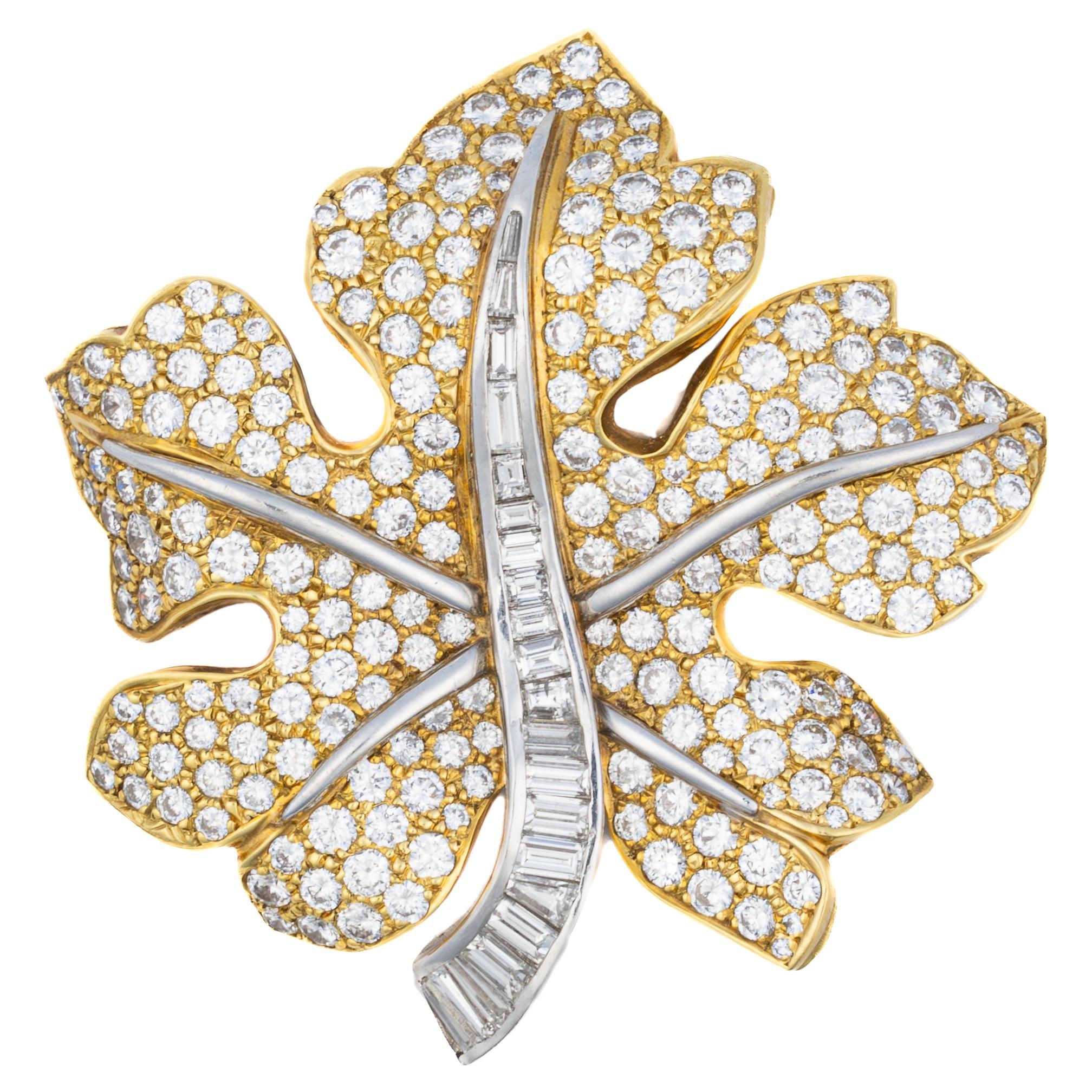 Round and Baguette Diamond Leaf Brooch For Sale