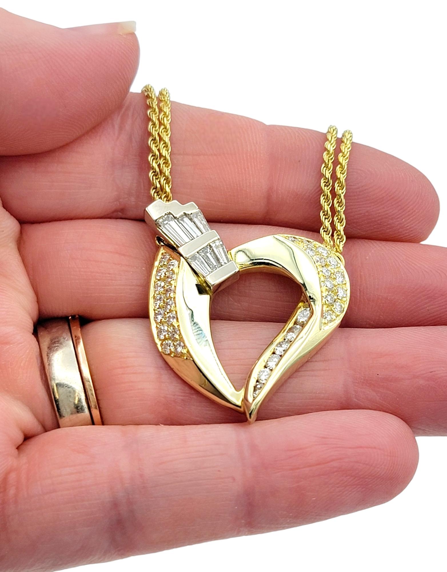 Round and Baguette Diamond Open Heart Pendant Necklace with Double Rope Chain For Sale 5