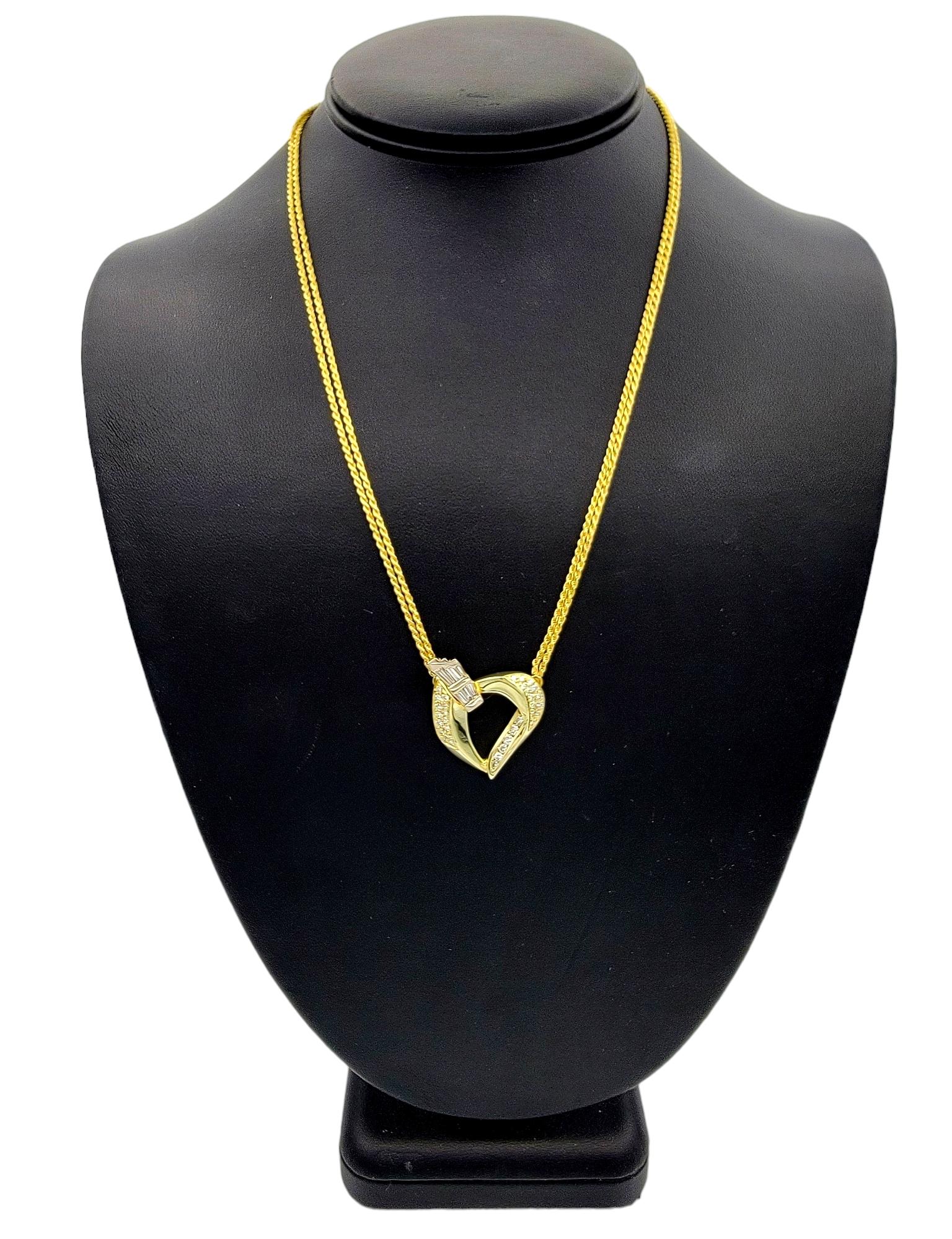 Round and Baguette Diamond Open Heart Pendant Necklace with Double Rope Chain For Sale 6