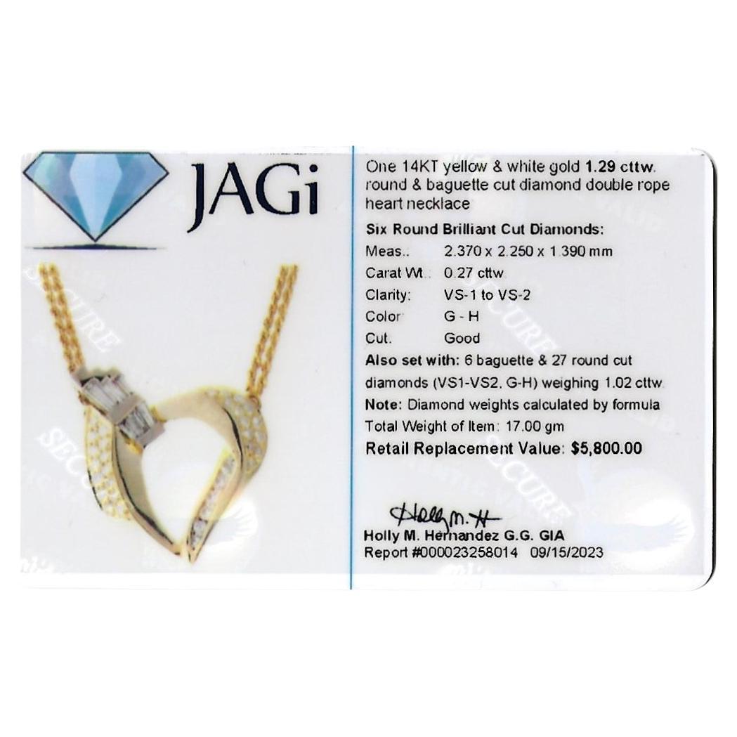 Round and Baguette Diamond Open Heart Pendant Necklace with Double Rope Chain For Sale 7