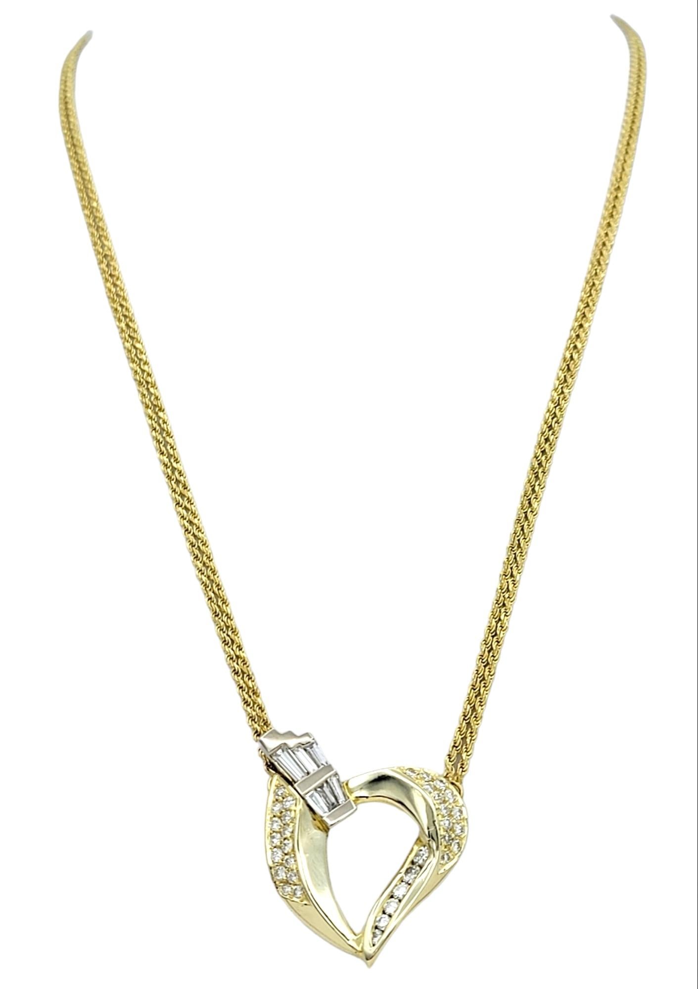 Round Cut Round and Baguette Diamond Open Heart Pendant Necklace with Double Rope Chain For Sale