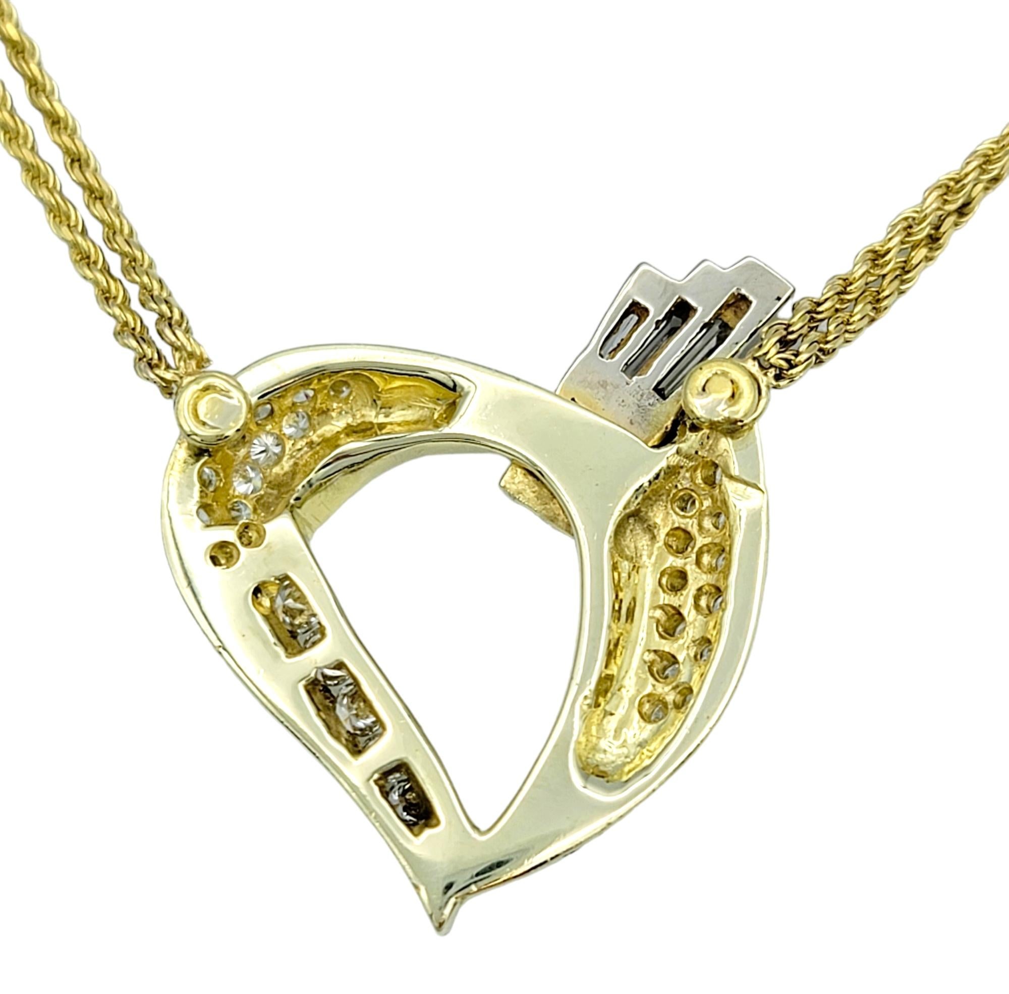 Round and Baguette Diamond Open Heart Pendant Necklace with Double Rope Chain For Sale 1