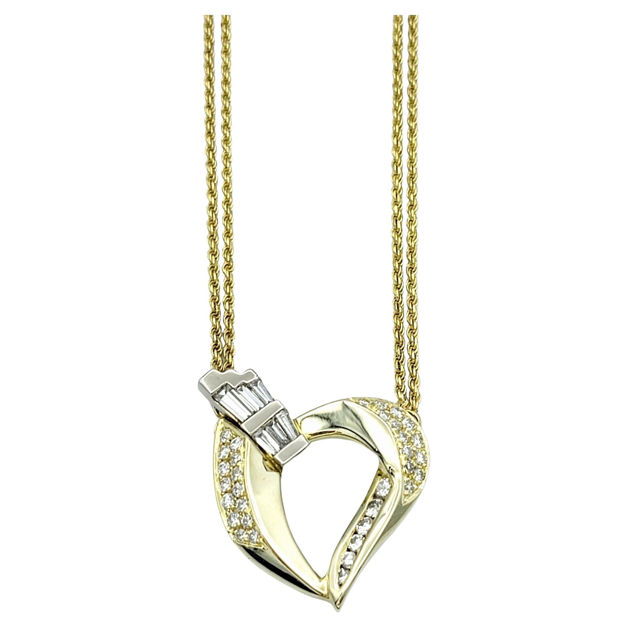 Round and Baguette Diamond Open Heart Pendant Necklace with Double Rope Chain For Sale