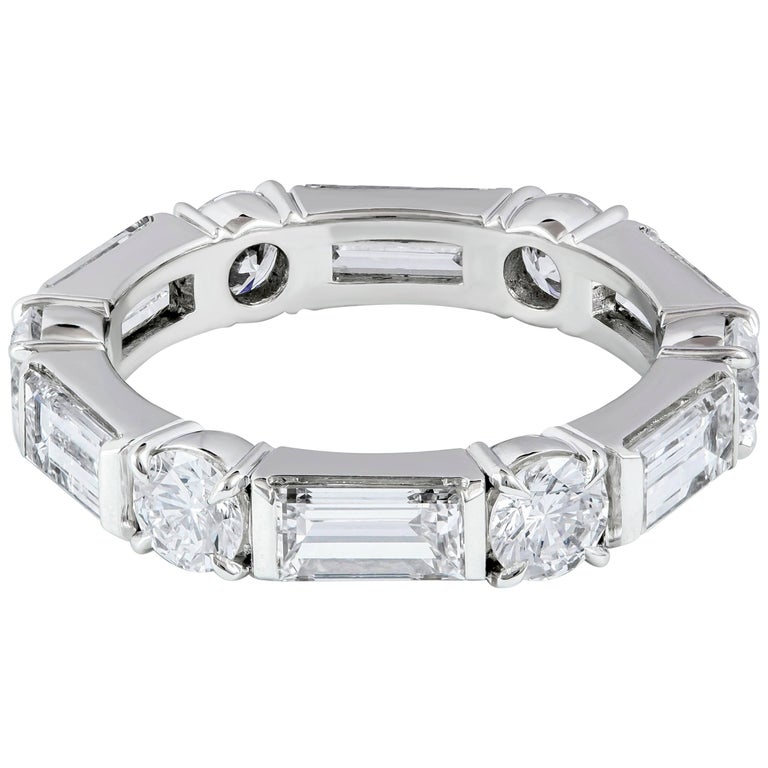 Round and Baguette Diamond Platinum Wedding Band For Sale
