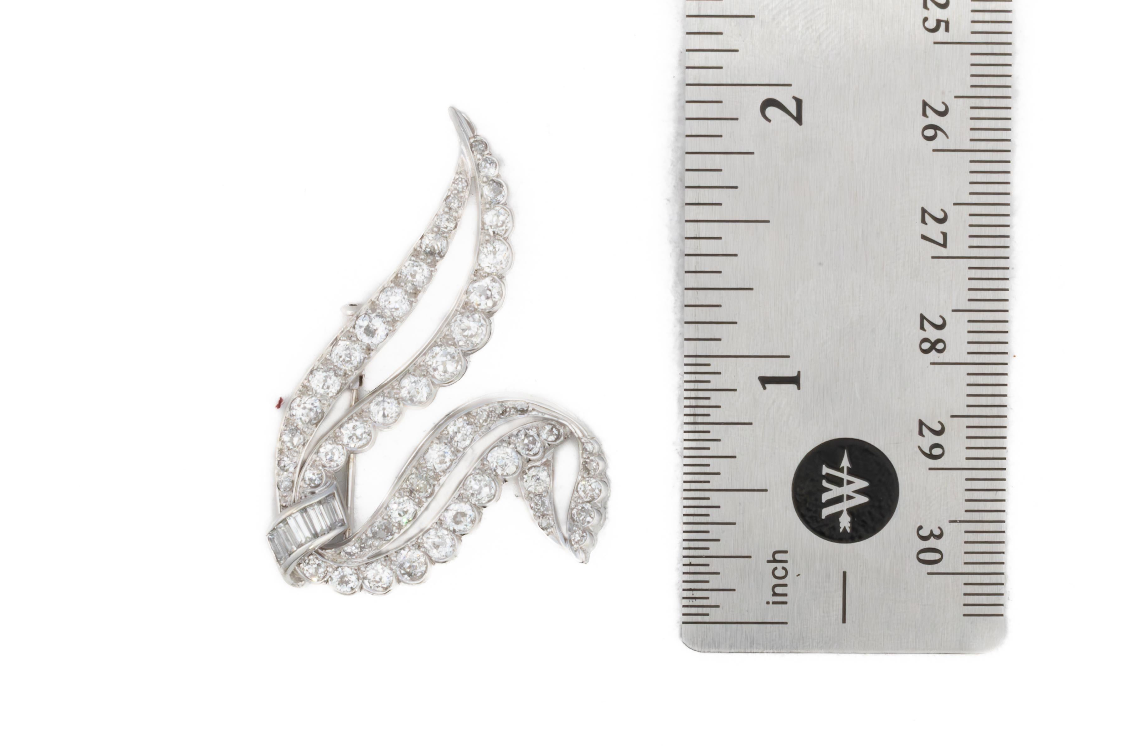 Retro Round and Baguette Diamond Ribbon Brooch in Platinum For Sale