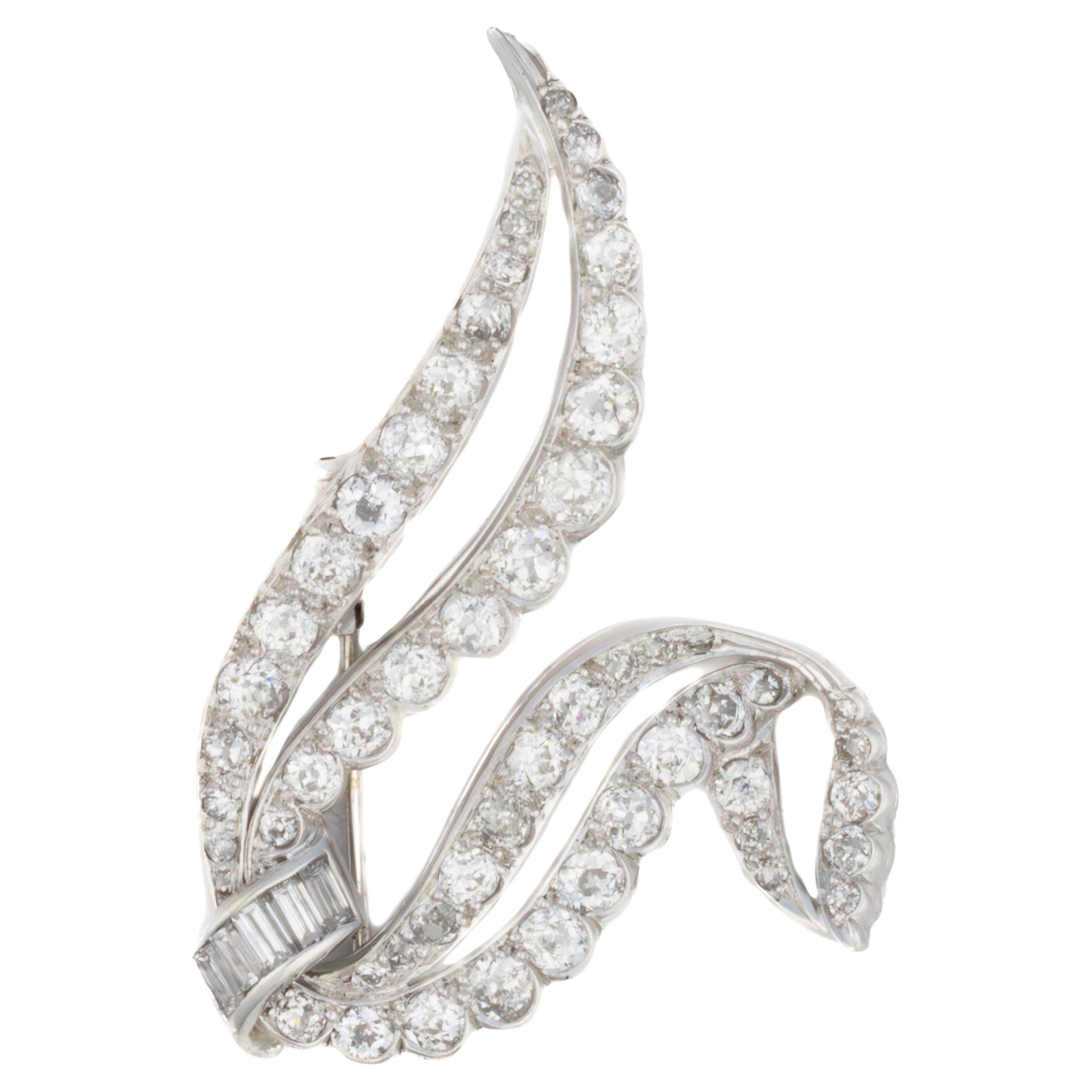 Round and Baguette Diamond Ribbon Brooch in Platinum