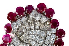 Round and Baguette Diamond & Ruby White Gold Brooch