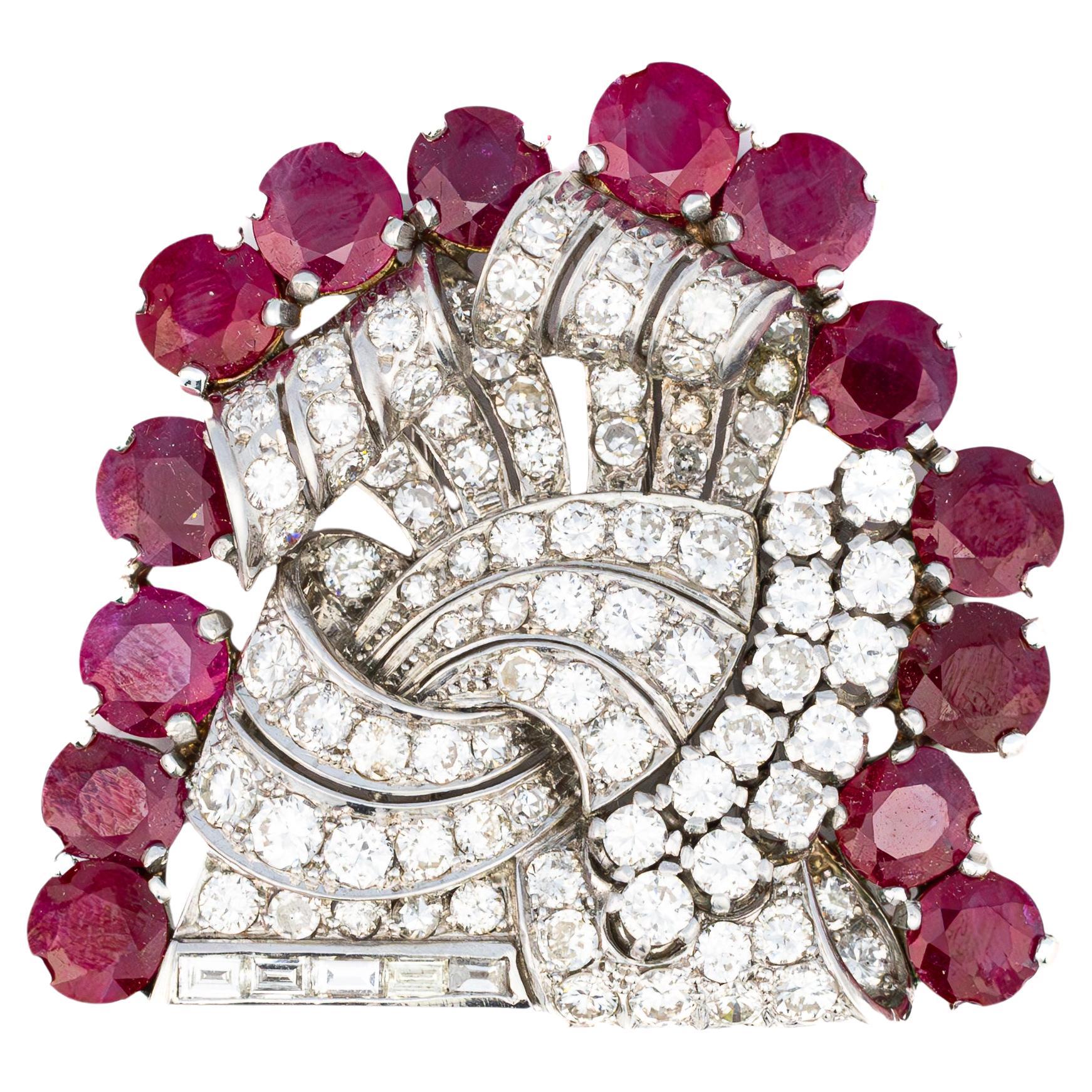 Round and Baguette Diamond & Ruby White Gold Brooch