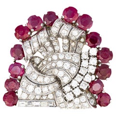Round and Baguette Diamond & Ruby White Gold Brooch