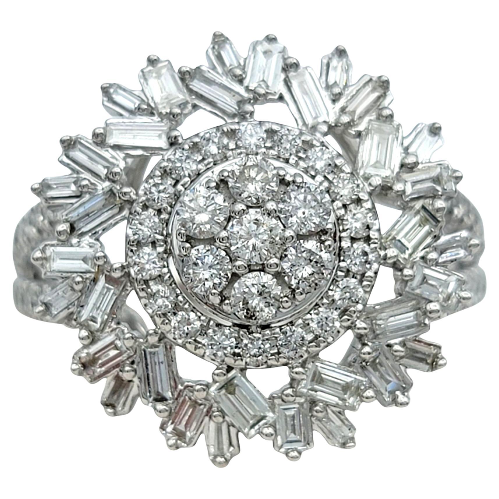 Round and Baguette Diamond Split Shank Cluster Cocktail Ring 14 Karat White Gold