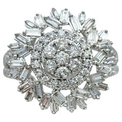 Round and Baguette Diamond Split Shank Cluster Cocktail Ring 14 Karat White Gold
