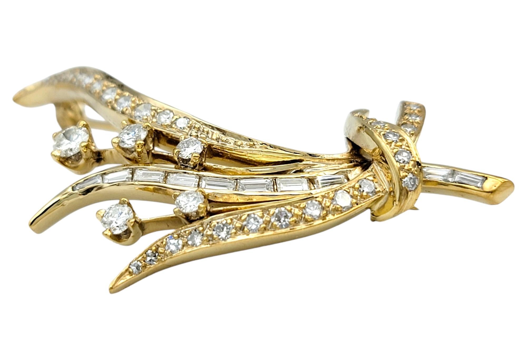 Contemporary Round and Baguette Diamond Spray Brooch in Polished 14 Karat Yellow Gold For Sale