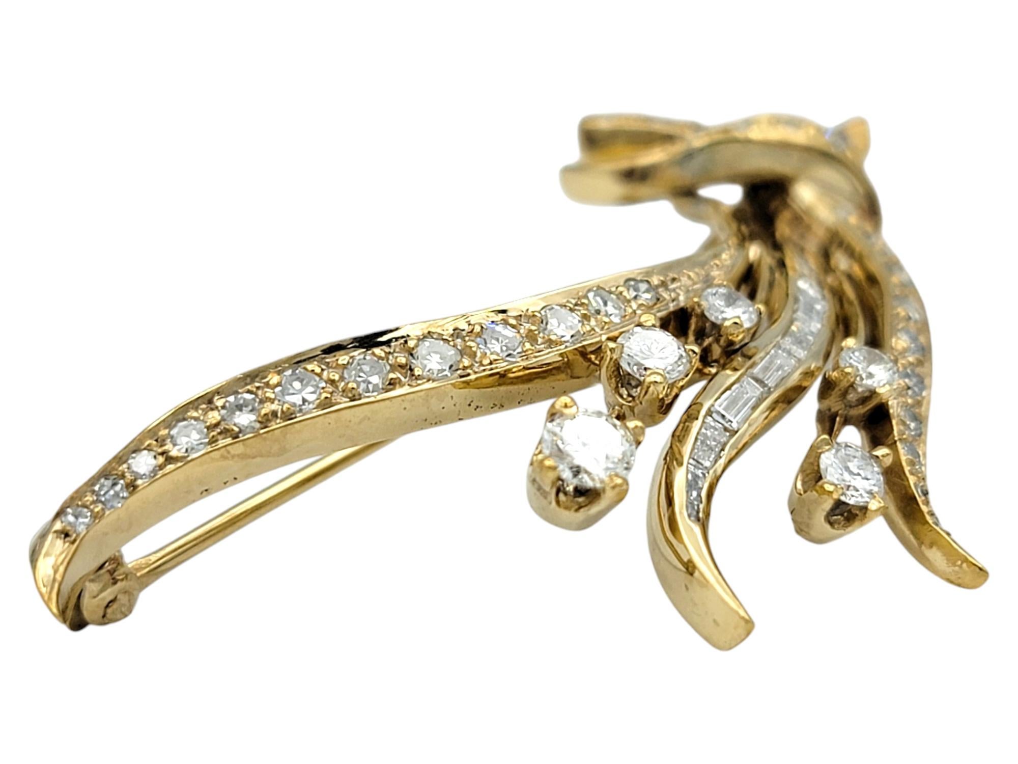 Round Cut Round and Baguette Diamond Spray Brooch in Polished 14 Karat Yellow Gold For Sale