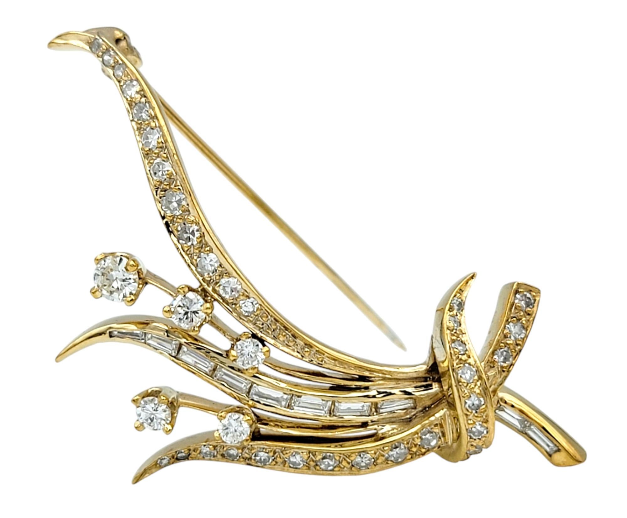 Round and Baguette Diamond Spray Brooch in Polished 14 Karat Yellow Gold In Good Condition For Sale In Scottsdale, AZ