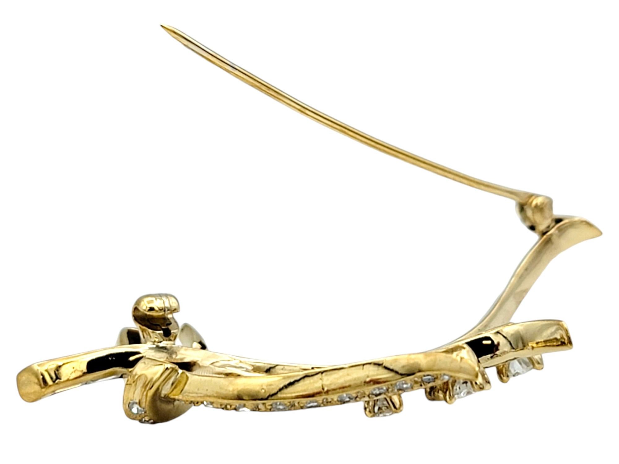 Round and Baguette Diamond Spray Brooch in Polished 14 Karat Yellow Gold For Sale 1