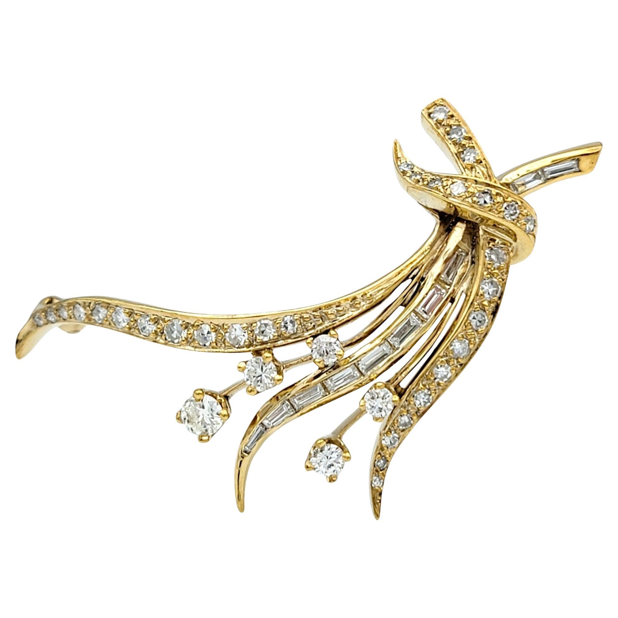 Round and Baguette Diamond Spray Brooch in Polished 14 Karat Yellow Gold For Sale