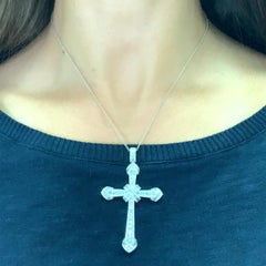 Round and baguette diamond srt deco large cross drop necklace 18k white gold