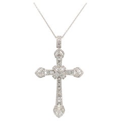 Collar redondo y baguette srt deco gran cruz gota oro blanco 18k
