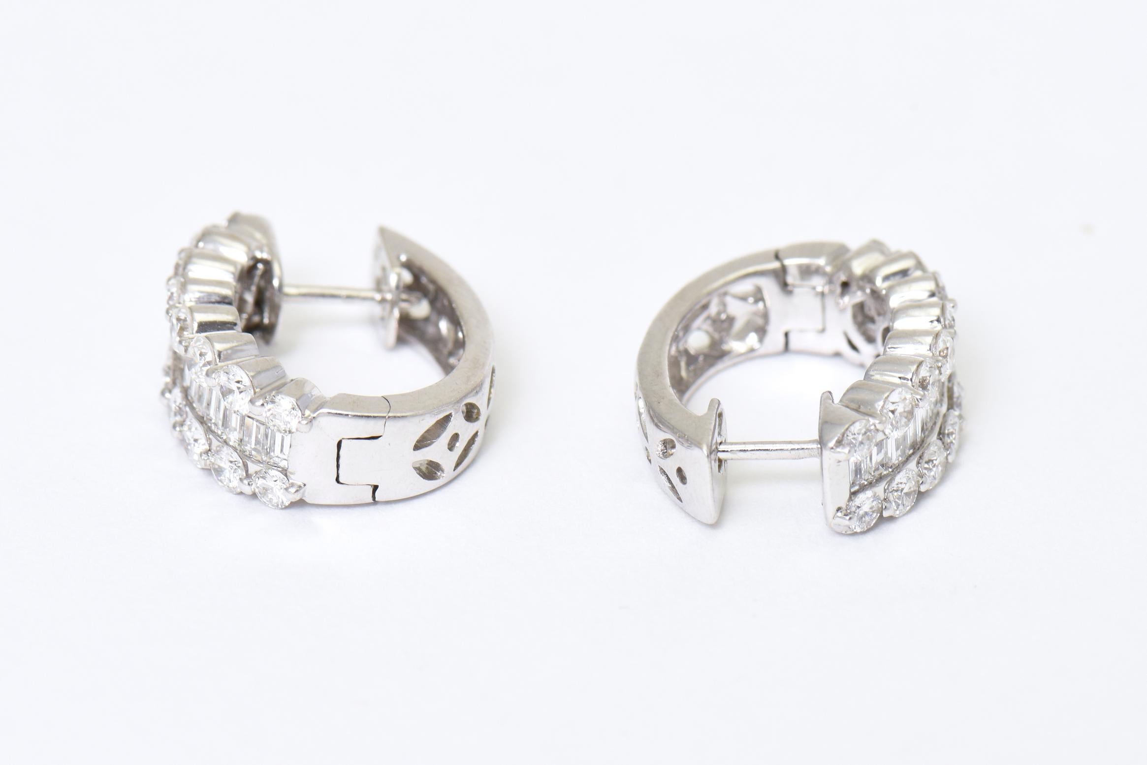 Round and Baguette Diamond White Gold Hoop Earrings In Excellent Condition In Miami Beach, FL