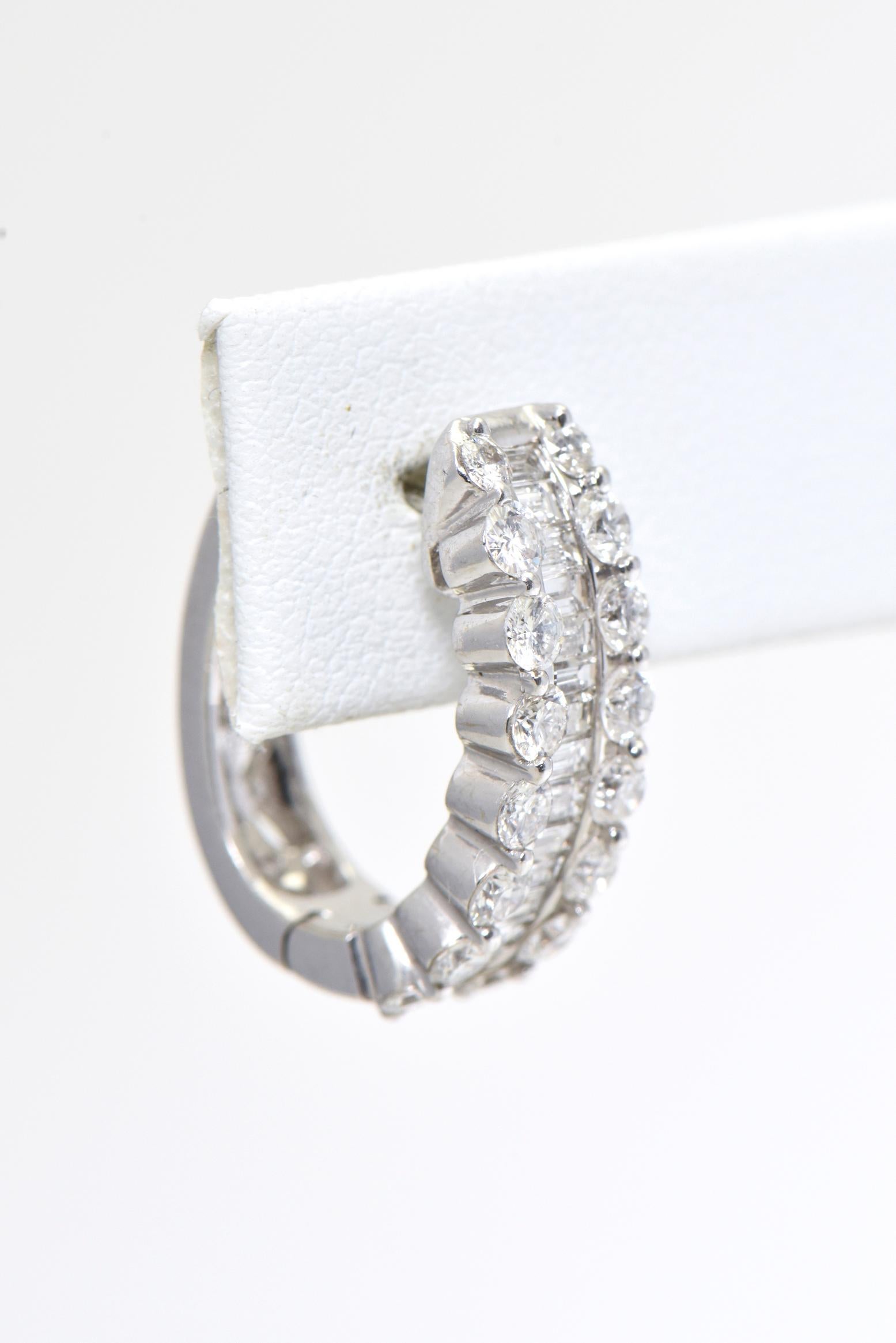 Round and Baguette Diamond White Gold Hoop Earrings 4