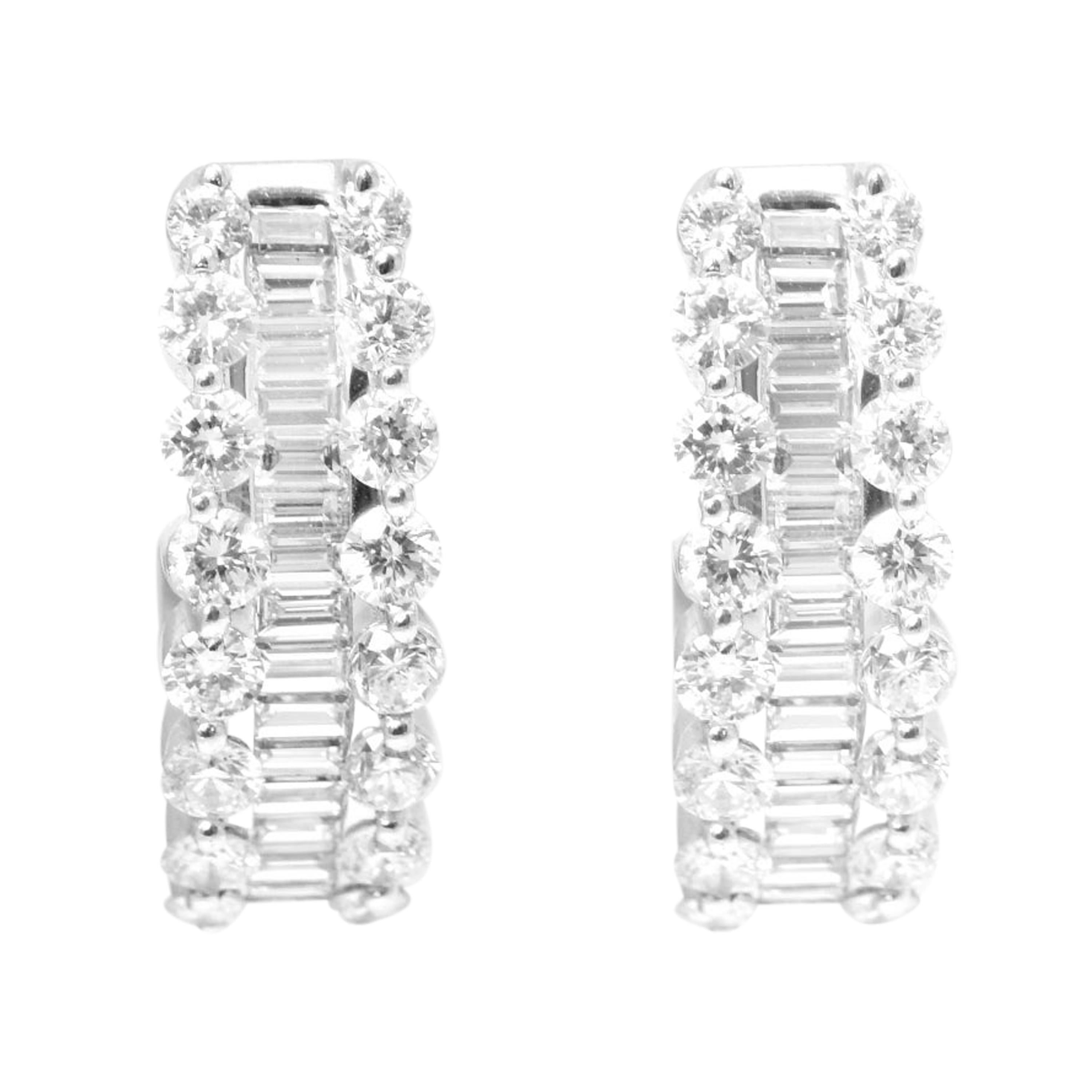 Round and Baguette Diamond White Gold Hoop Earrings