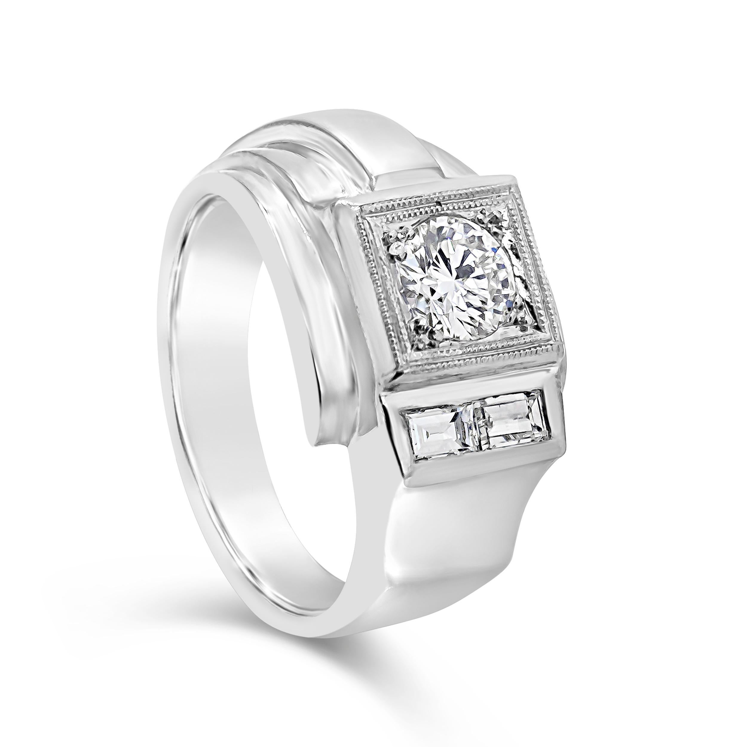 A fashionable men's ring showcasing a 0.70 carats round brilliant diamonds, accented by two baguette diamonds weighing 0.35 carats total. Set in a unique and modern design made in 14K white gold. Size 9.75 US

Style available in different price